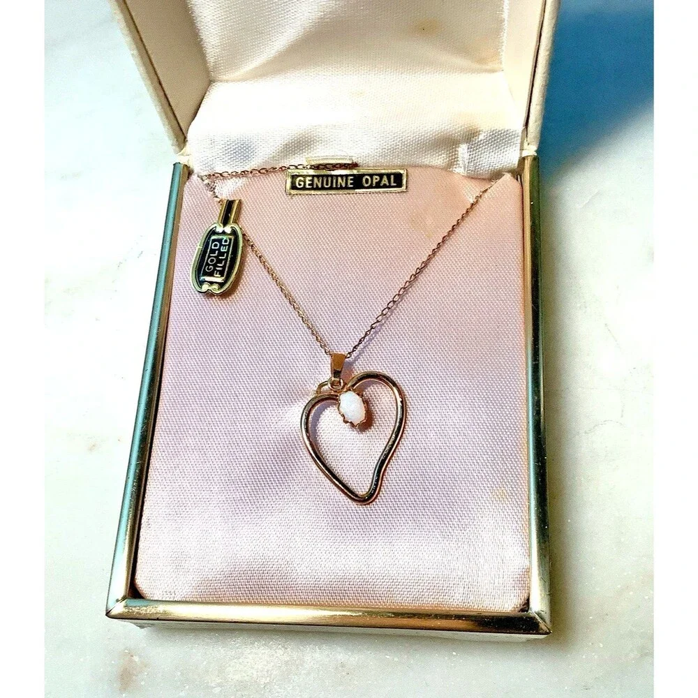 Vintage Heart Necklace 14 KT GF Opal 17